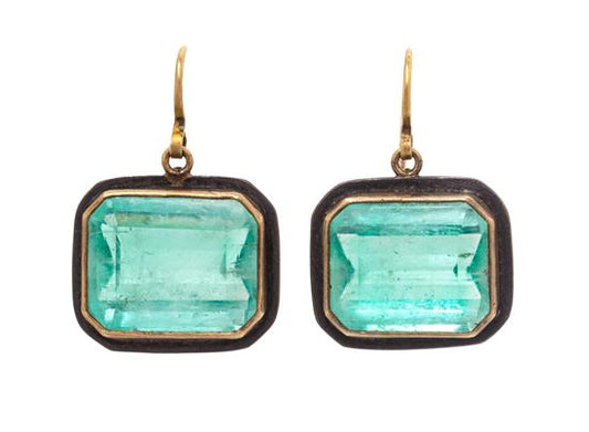 Yellow Gold Silver and Emerald Earrings by Judy Geib
