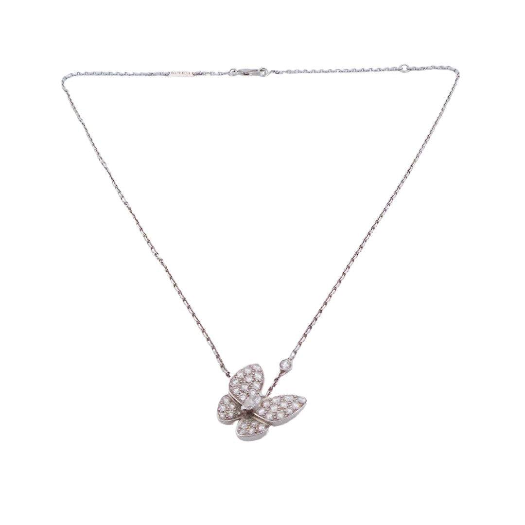 Van Cleef & Arpels 18K White Gold Diamond Two Butterfly Pendant Chain Necklace