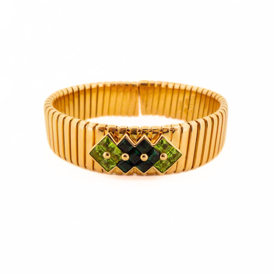 Bulgari Tubogas 18K Gold Peridot Tourmaline Bangle Bracelet