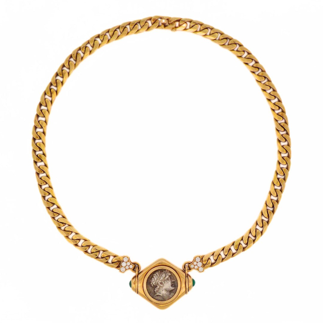 Bulgari 18K Gold Monete Diamond Emerald Collar Chain Necklace