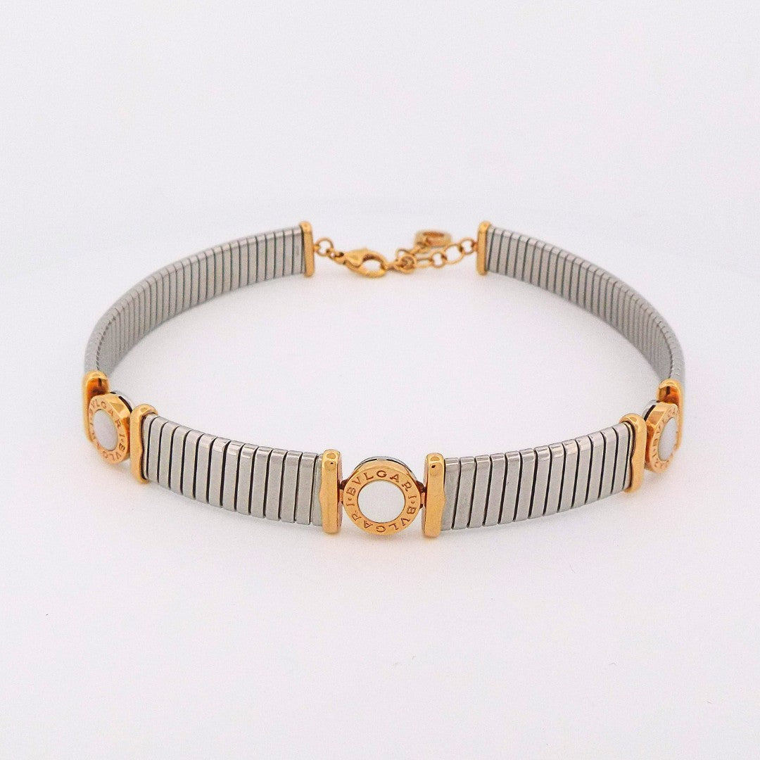 Bulgari 18K Gold Tubogas Steel Mother of Pearl Choker Necklace
