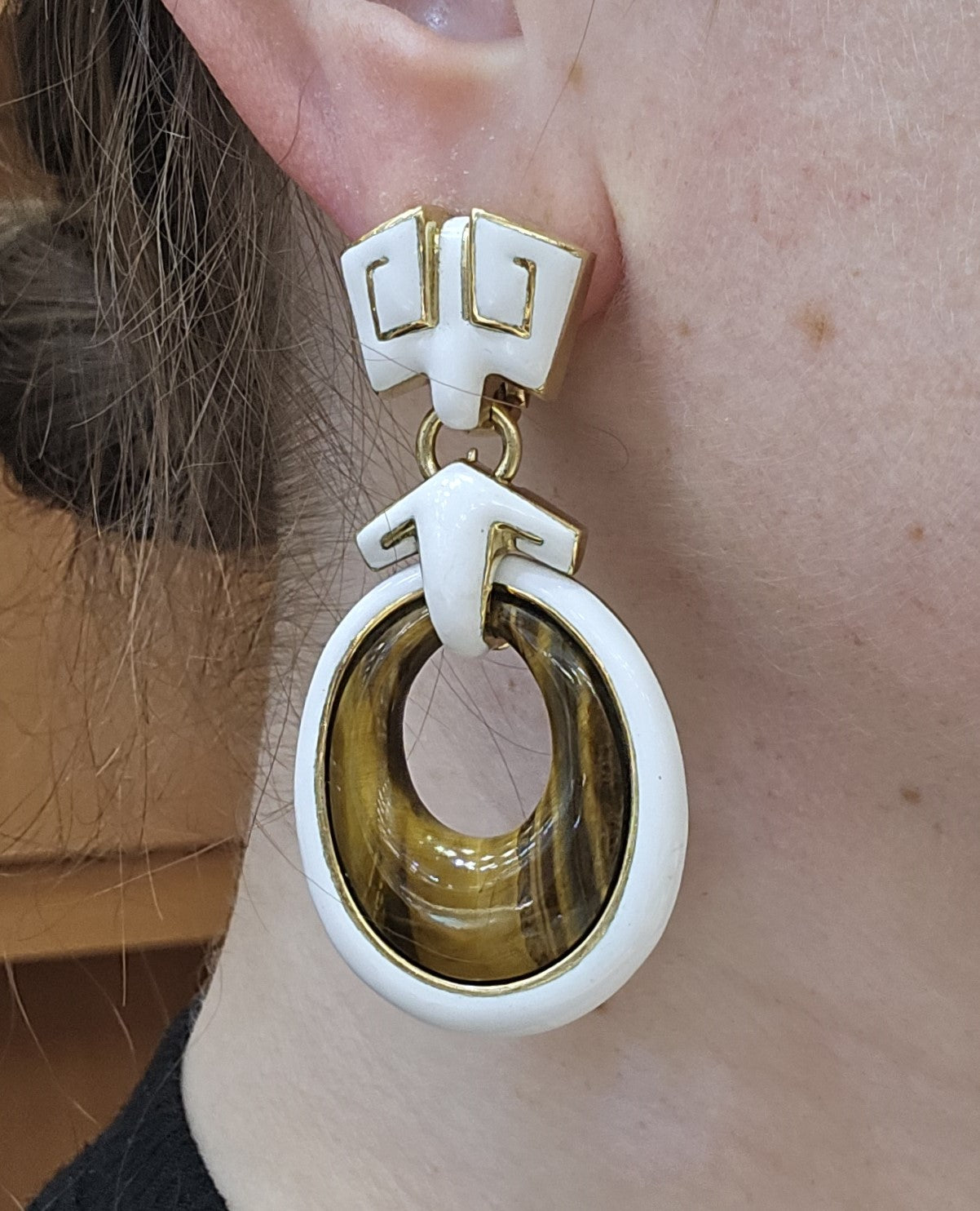 David Webb 18K Enamel Tigers Eye Drop Earrings