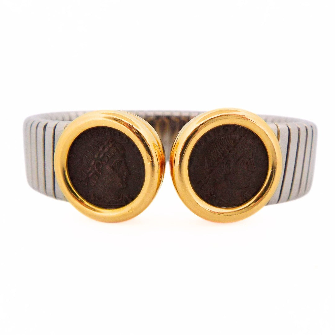 Bulgari Double Monete Tubogas 18K Gold Steel Bracelet