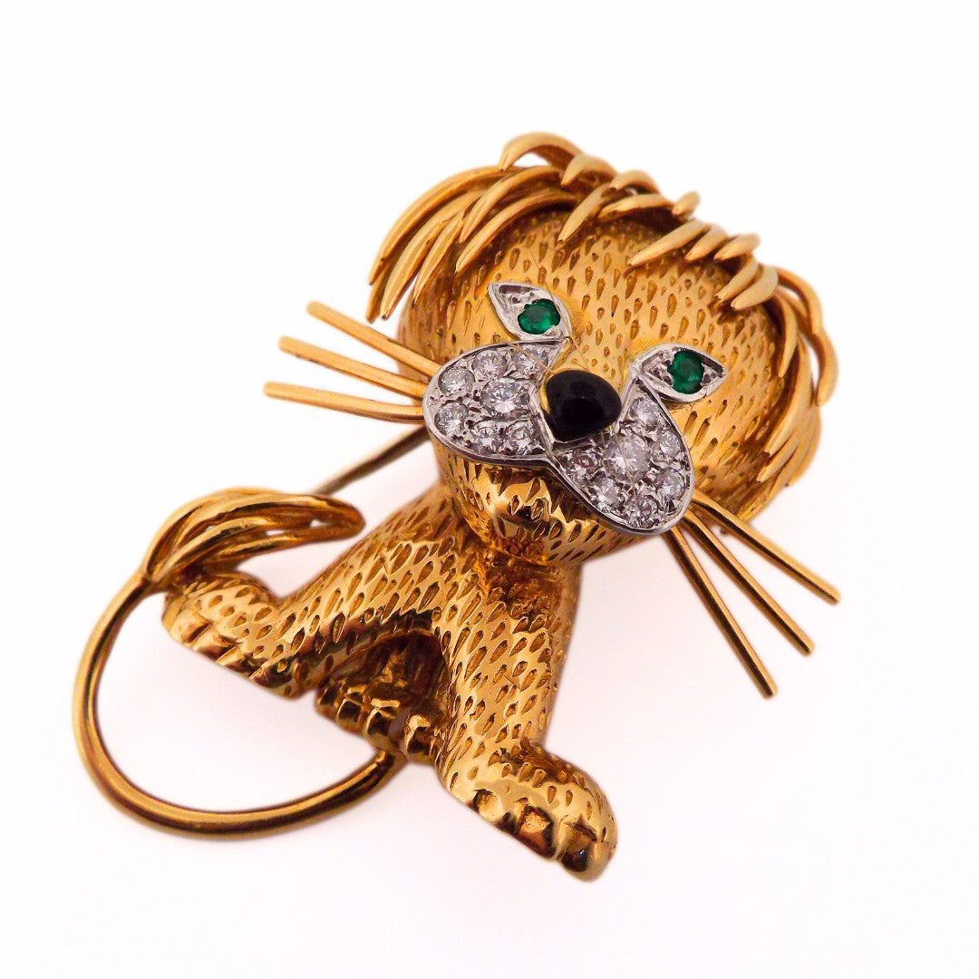Van Cleef & Arpels 18K Diamond Emerald Lion Brooch
