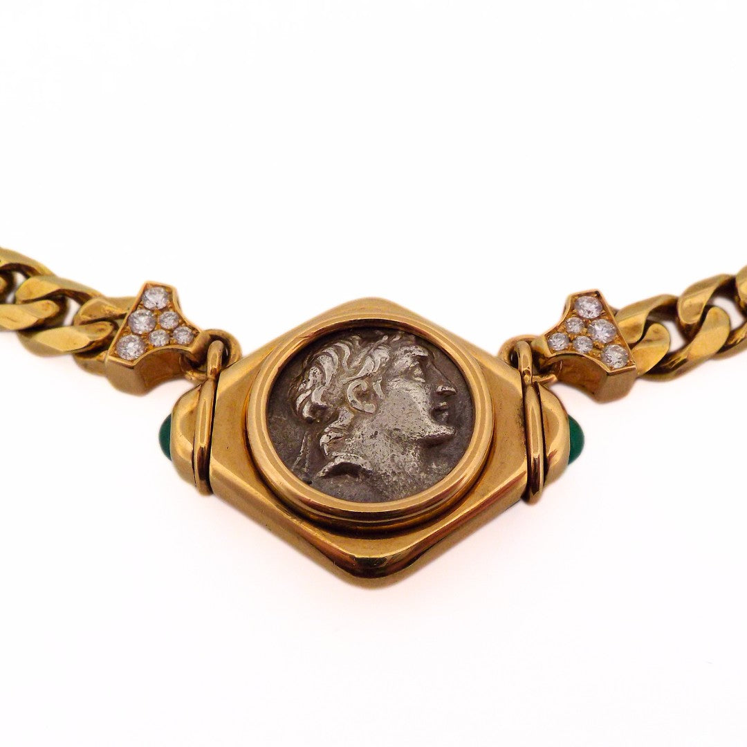 Bulgari 18K Gold Monete Diamond Emerald Collar Chain Necklace