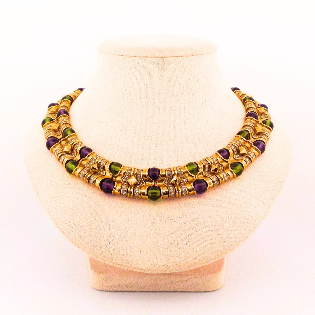 Bulgari 18K Gold Diamond Peridot Amethyst Collar Necklace