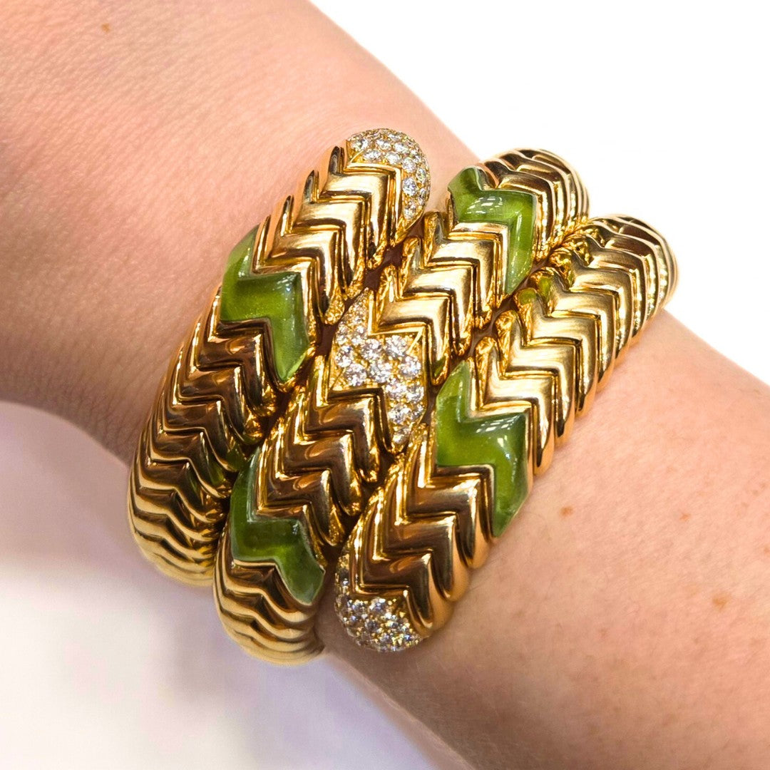 Bulgari Spiga 18K Yellow Gold Diamond Peridot Serpenti Bracelet