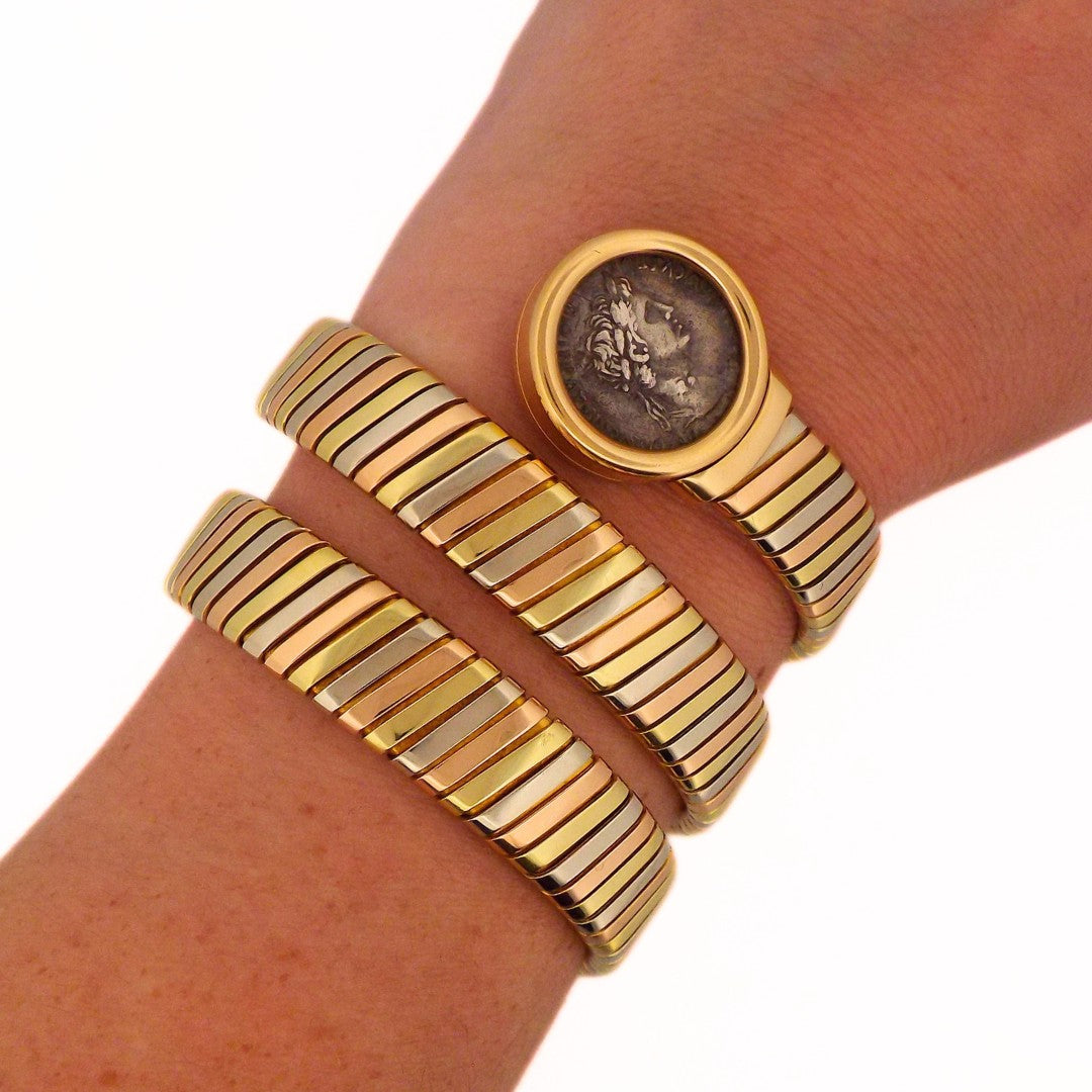 Bulgari 18K Tri-Gold Tubogas Three-Row Monete Bracelet
