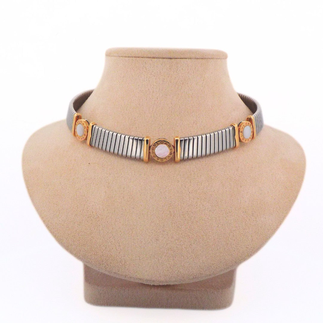 Bulgari 18K Gold Tubogas Steel Mother of Pearl Choker Necklace