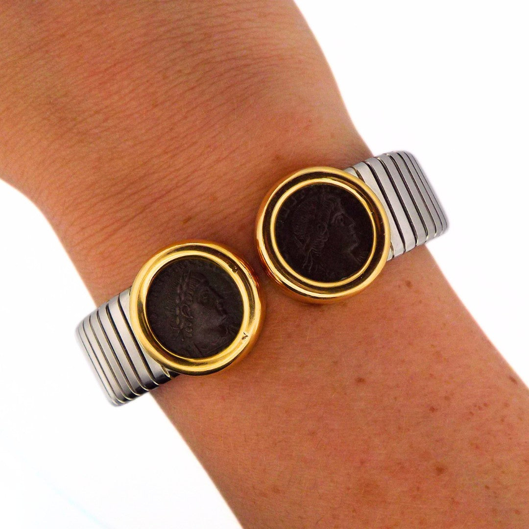 Bulgari Double Monete Tubogas 18K Gold Steel Bracelet