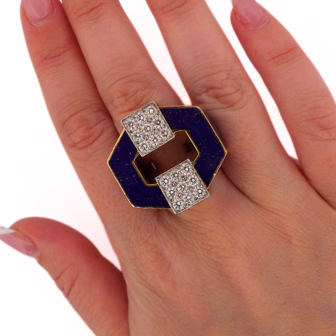 David Webb 18K Blue Enamel Diamond Ring