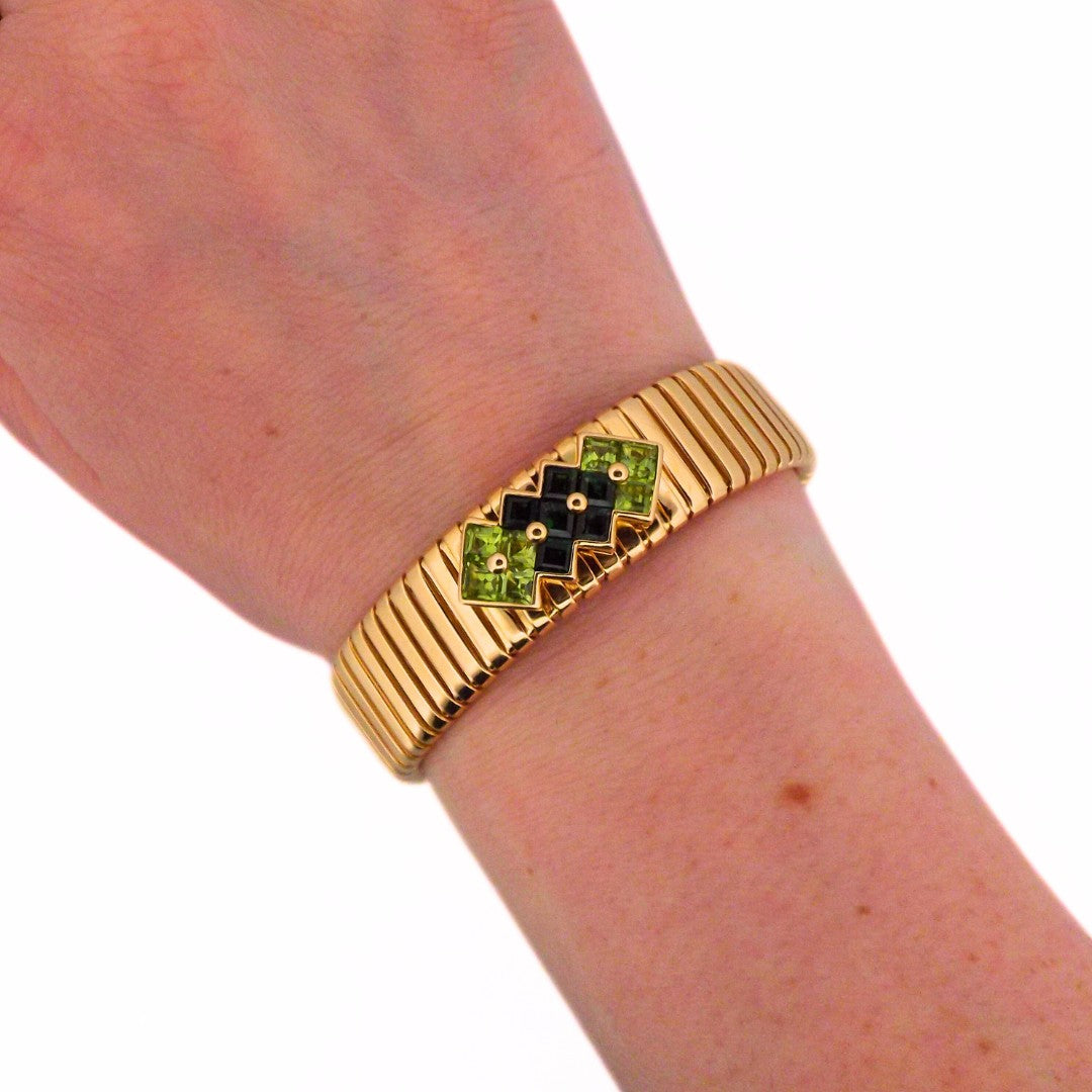 Bulgari Tubogas 18K Gold Peridot Tourmaline Bangle Bracelet
