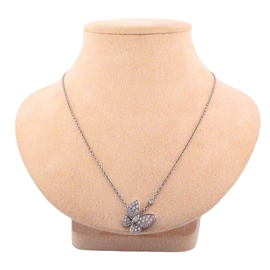 Van Cleef & Arpels 18K White Gold Diamond Two Butterfly Pendant Chain Necklace