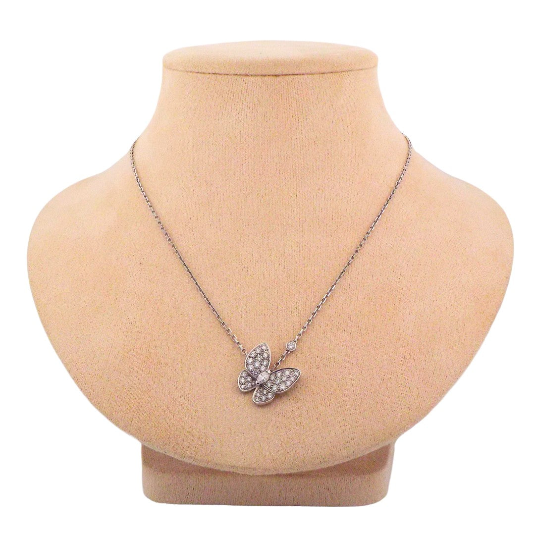 Van Cleef & Arpels 18K White Gold Diamond Two Butterfly Pendant Chain Necklace