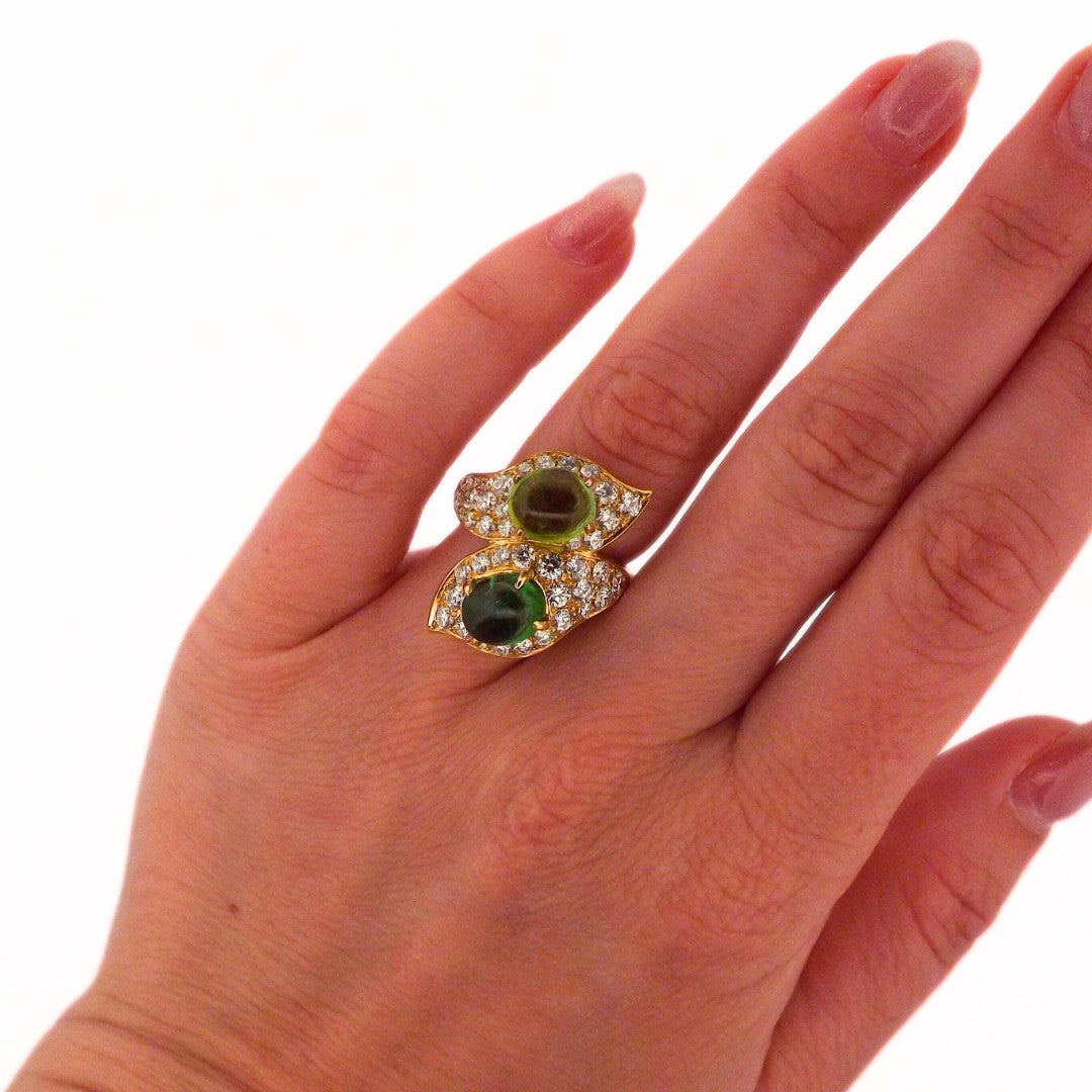 Bulgari 'Bypass' 18K Gold Diamond Green Tourmaline Ring