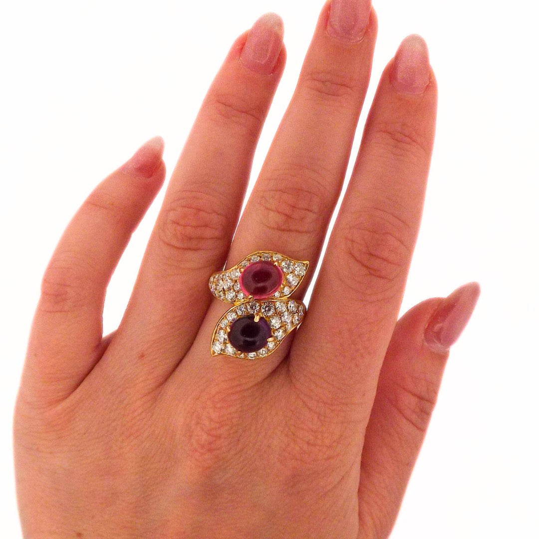 Bulgari 'Bypass' 18K Gold Diamond Pink Tourmaline and Amethyst Ring