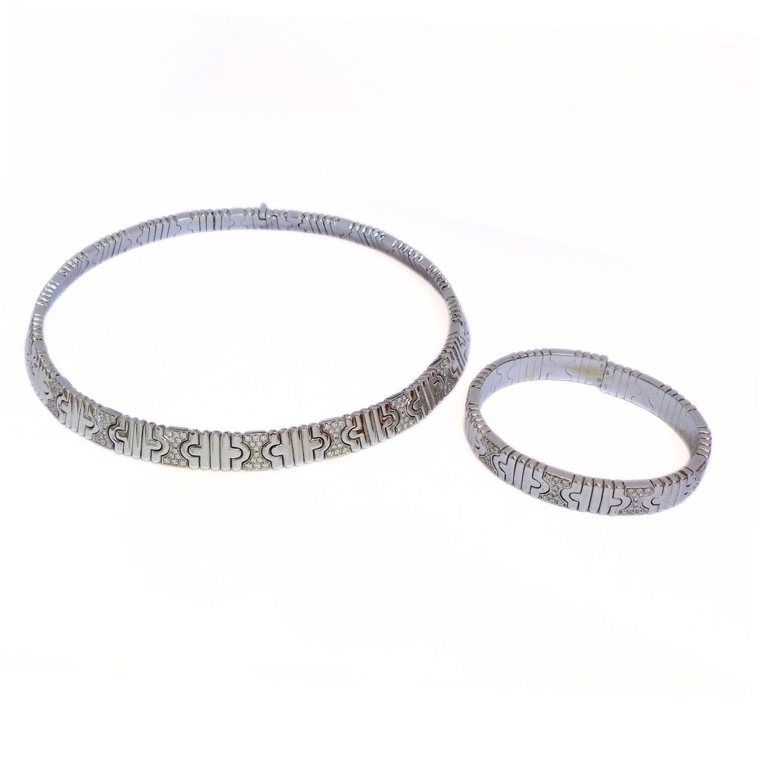 Bulgari 'Parentesi' 18K White Gold Diamond Necklace and Cuff Bracelet Set