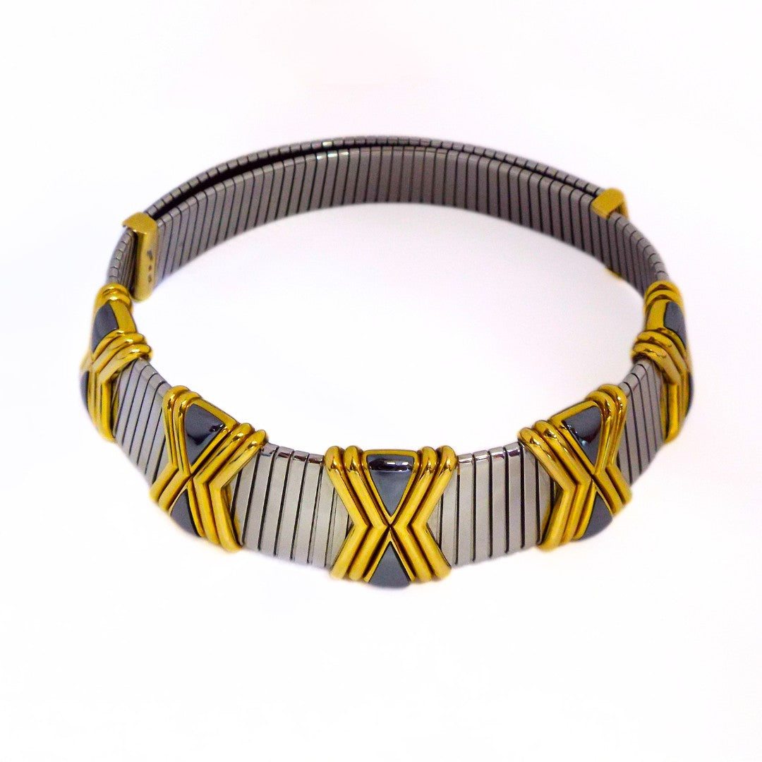 Bulgari Tubogas Steel Gold and Hematite 'X' Choker Necklace