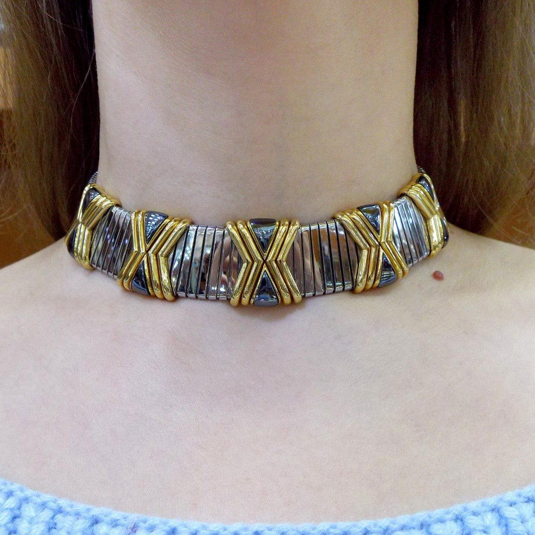Bulgari Tubogas Steel Gold and Hematite 'X' Choker Necklace