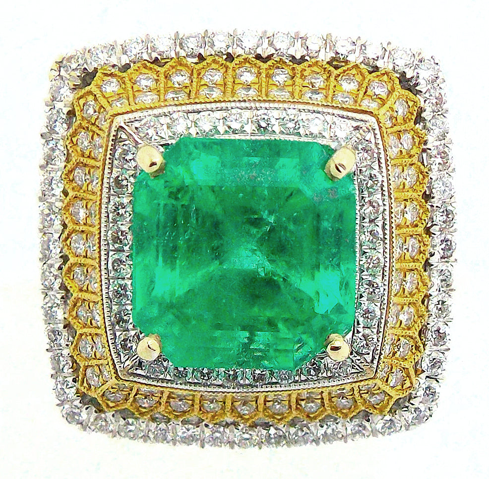 Cocktail Vintage 18K 750 White Yellow Gold Emerald Diamond Ring