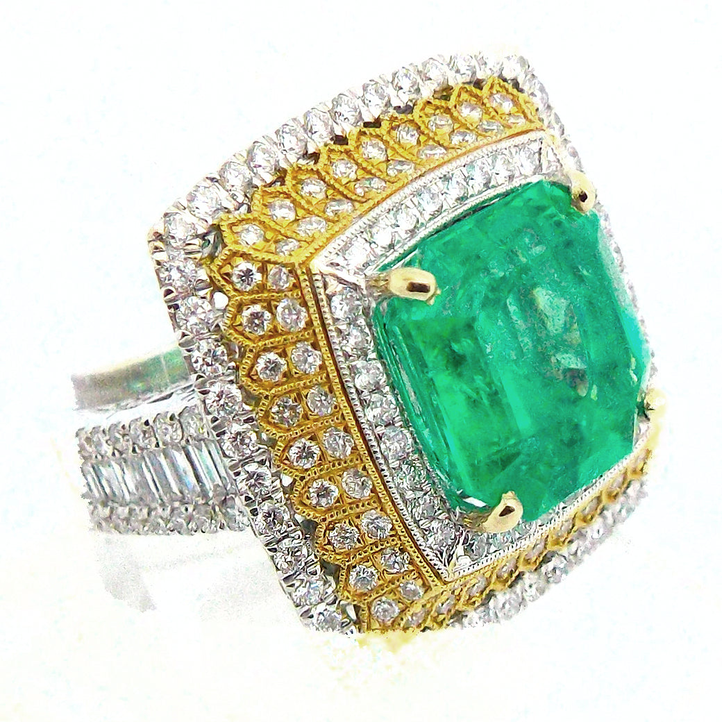 Cocktail Vintage 18K 750 White Yellow Gold Emerald Diamond Ring