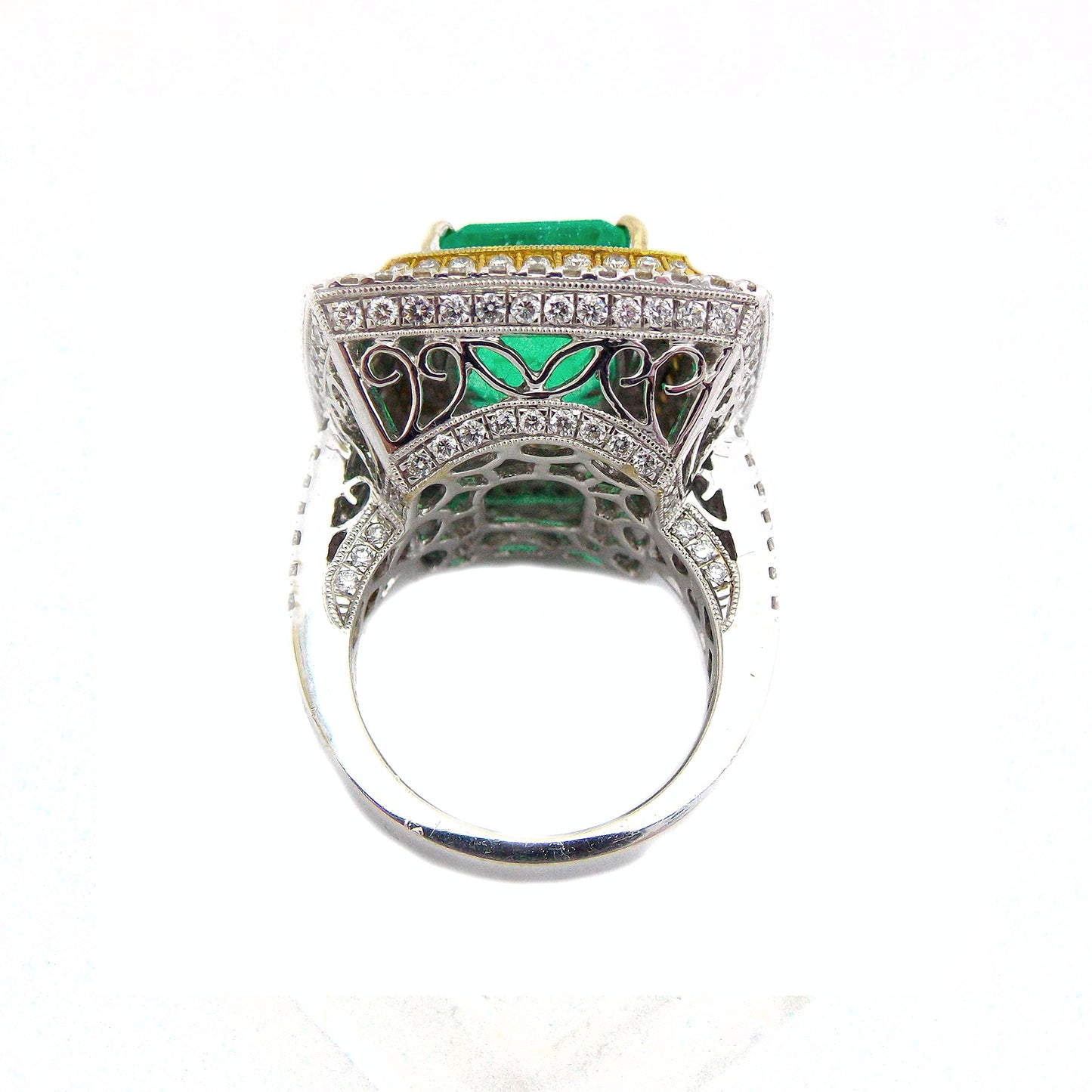 Cocktail Vintage 18K 750 White Yellow Gold Emerald Diamond Ring