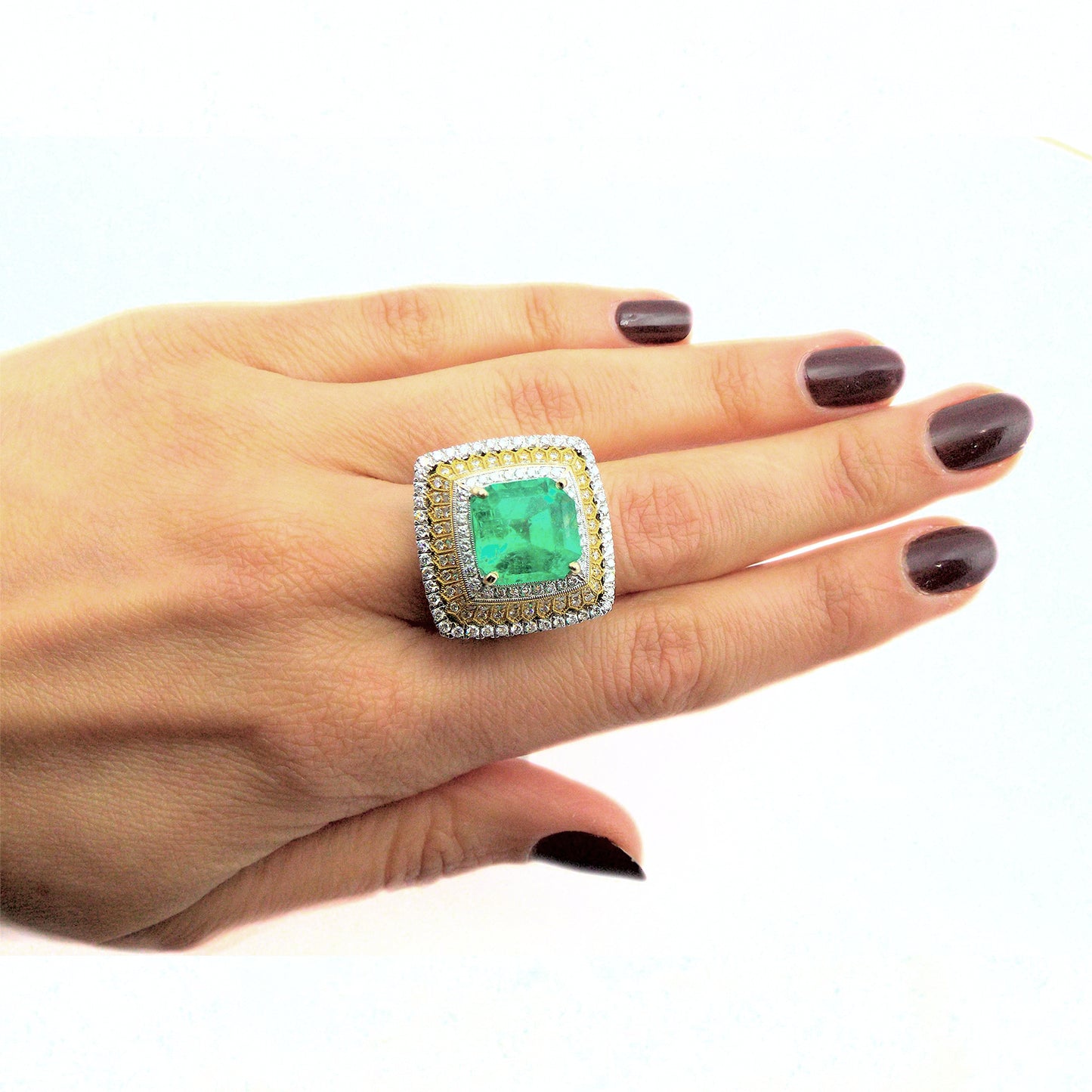 Cocktail Vintage 18K 750 White Yellow Gold Emerald Diamond Ring