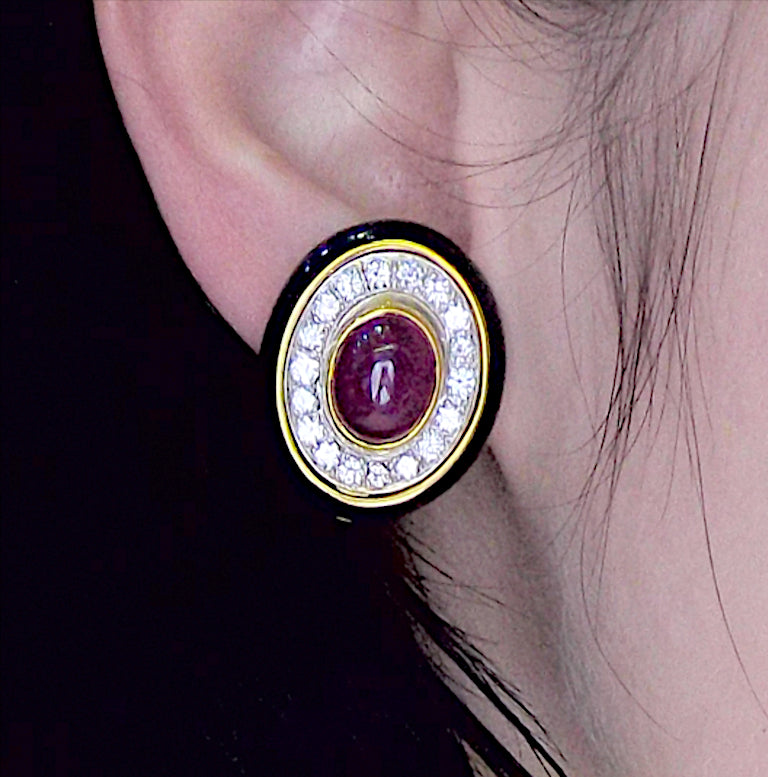 18K Yellow Gold Ruby Diamond Black Enamel Earrings