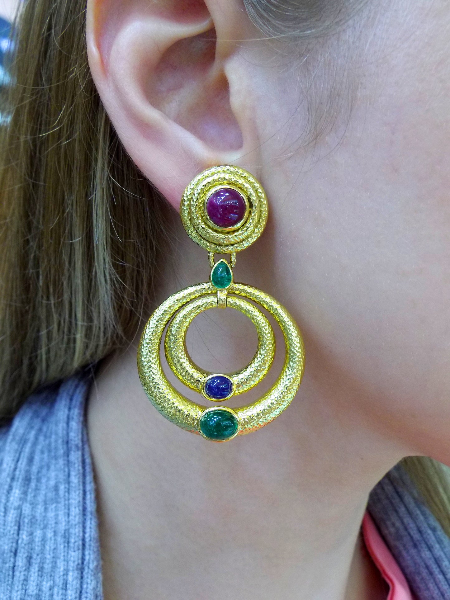 David Webb 18K Gold Multi-Gem Hoop Earclips