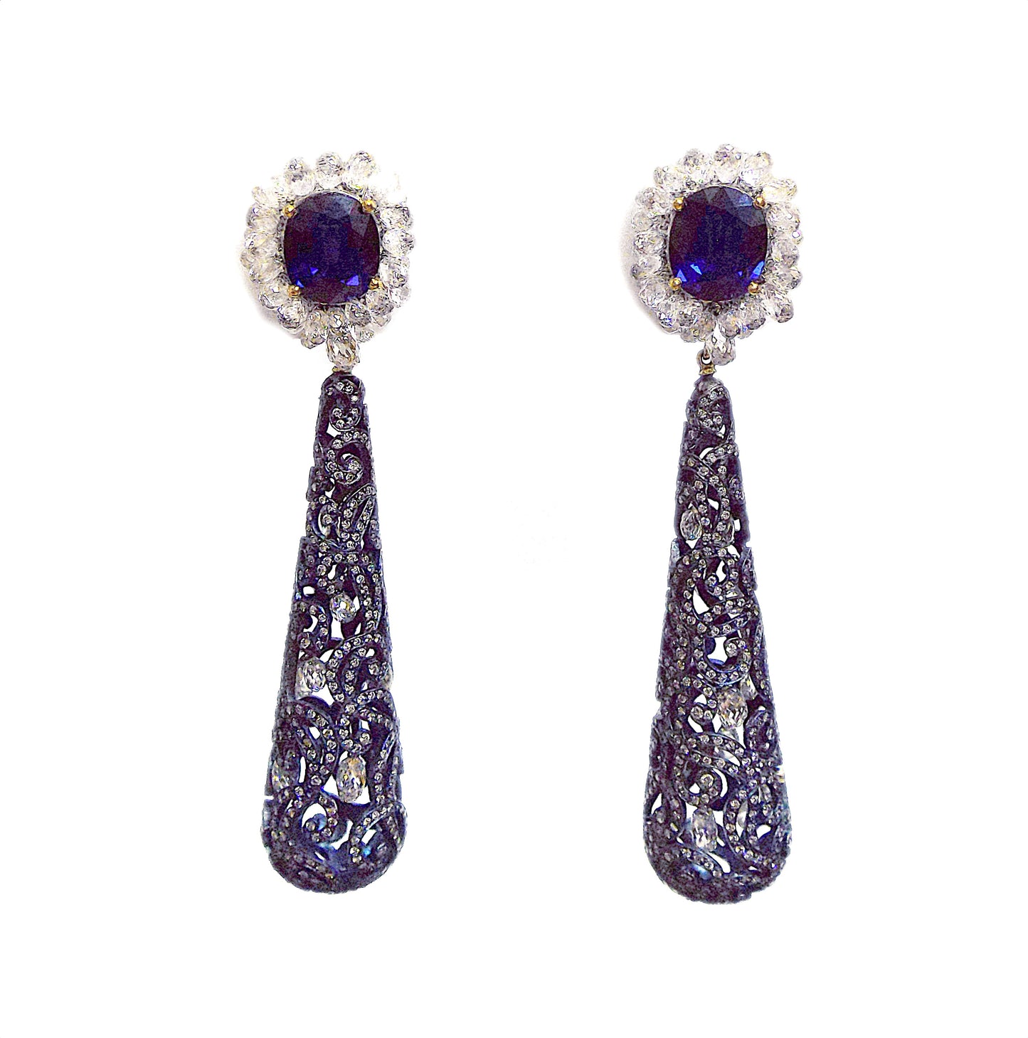 Gold Titanium Briolette Diamond Sapphire Drop Earrings