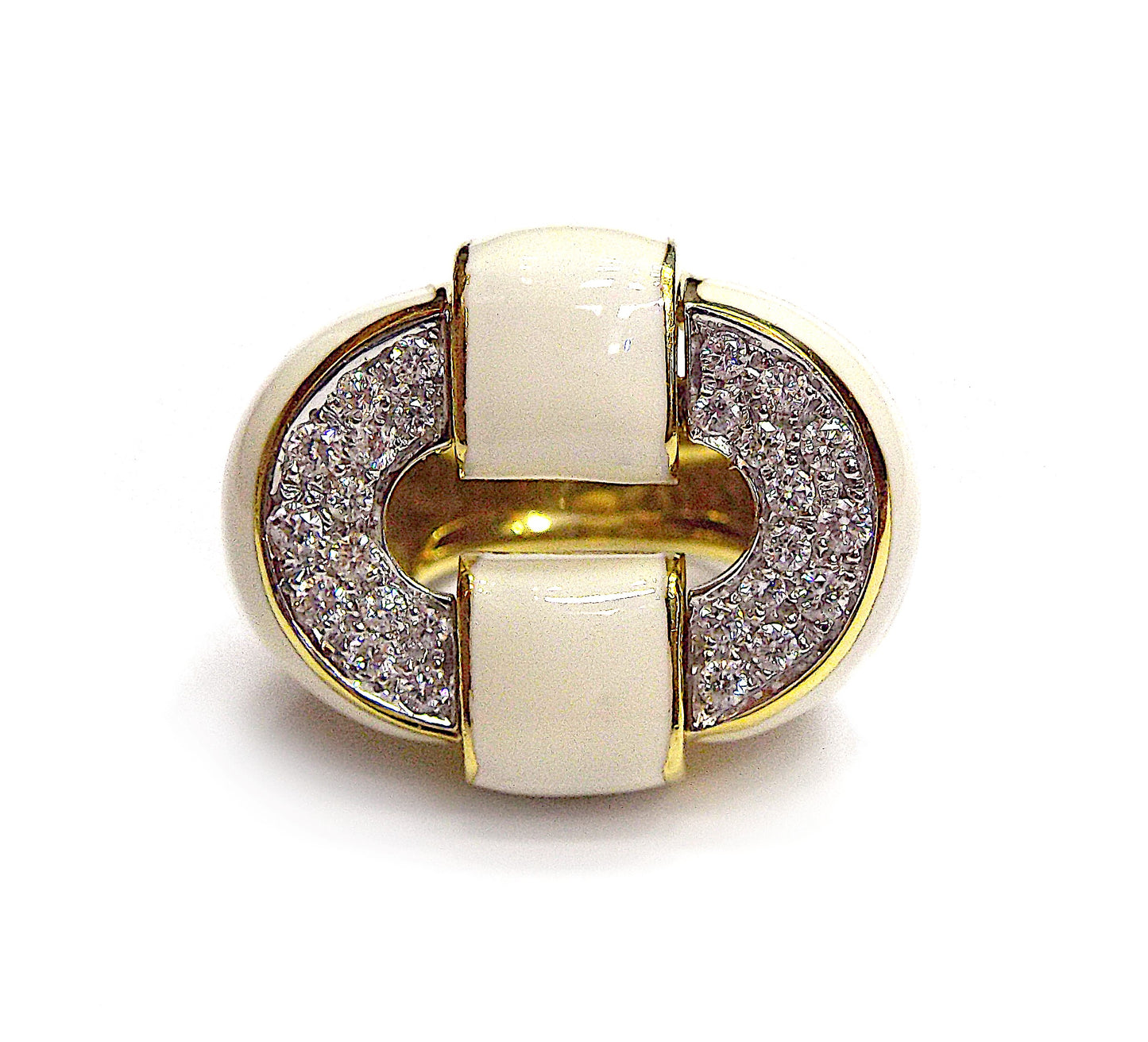 David Webb 18K Yellow Gold White Enamel Diamond Cocktail Ring