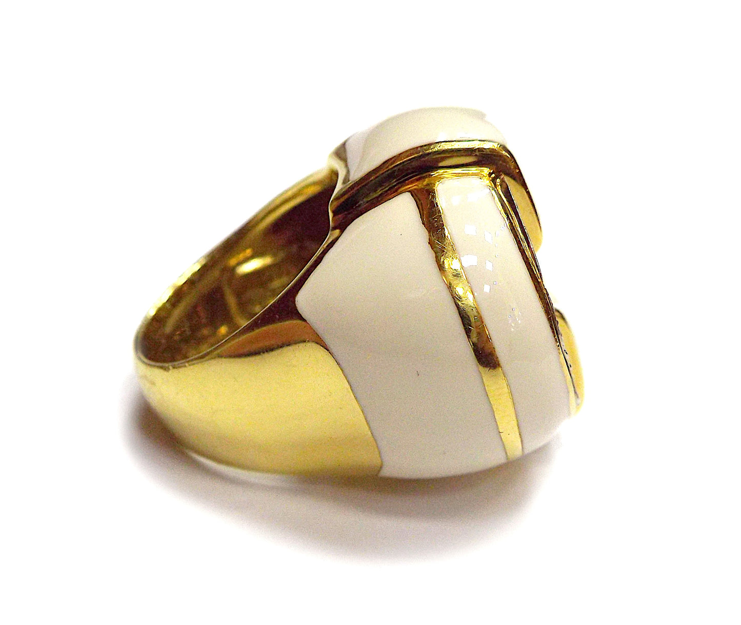 David Webb 18K Yellow Gold White Enamel Diamond Cocktail Ring