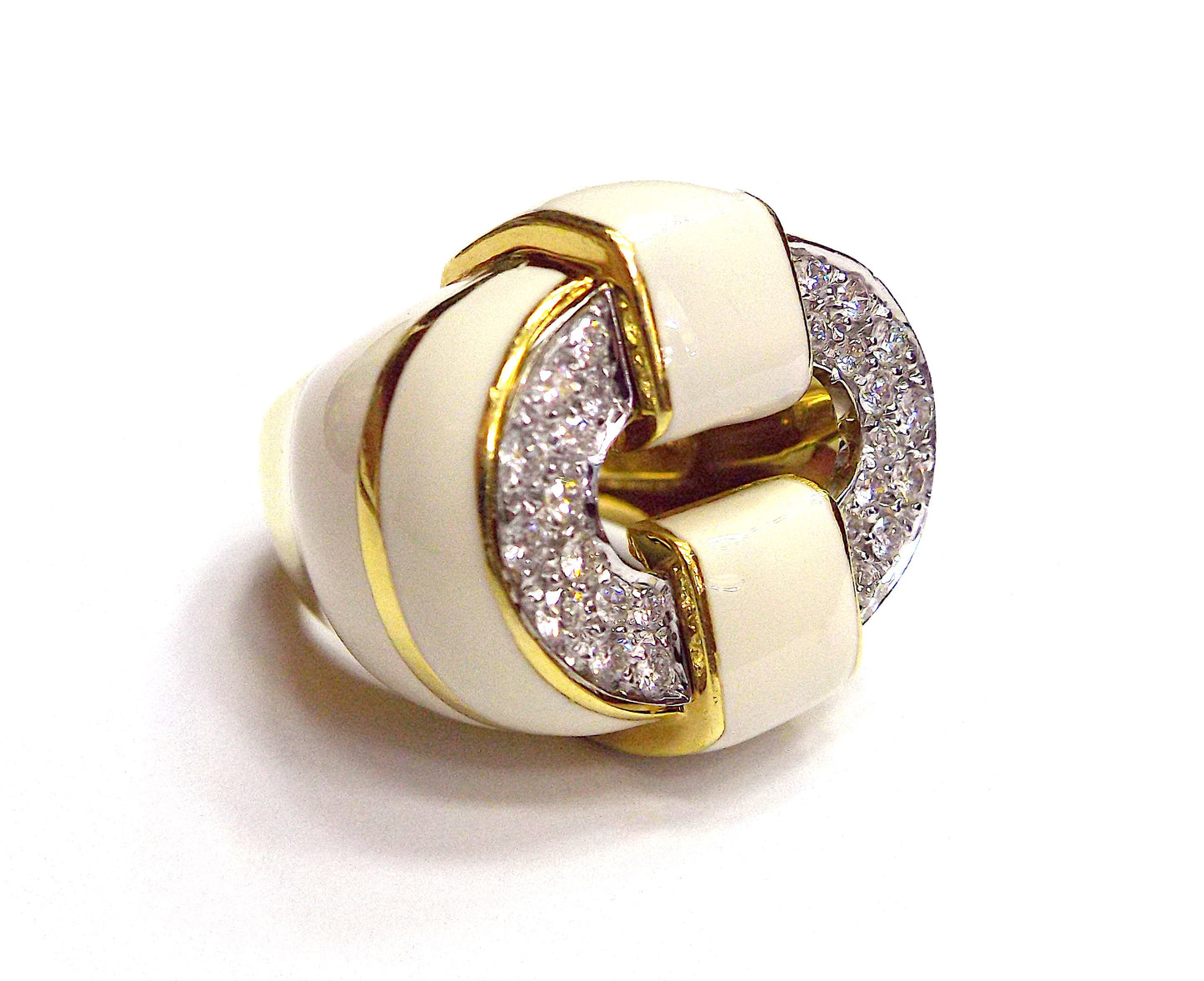 David Webb 18K Yellow Gold White Enamel Diamond Cocktail Ring