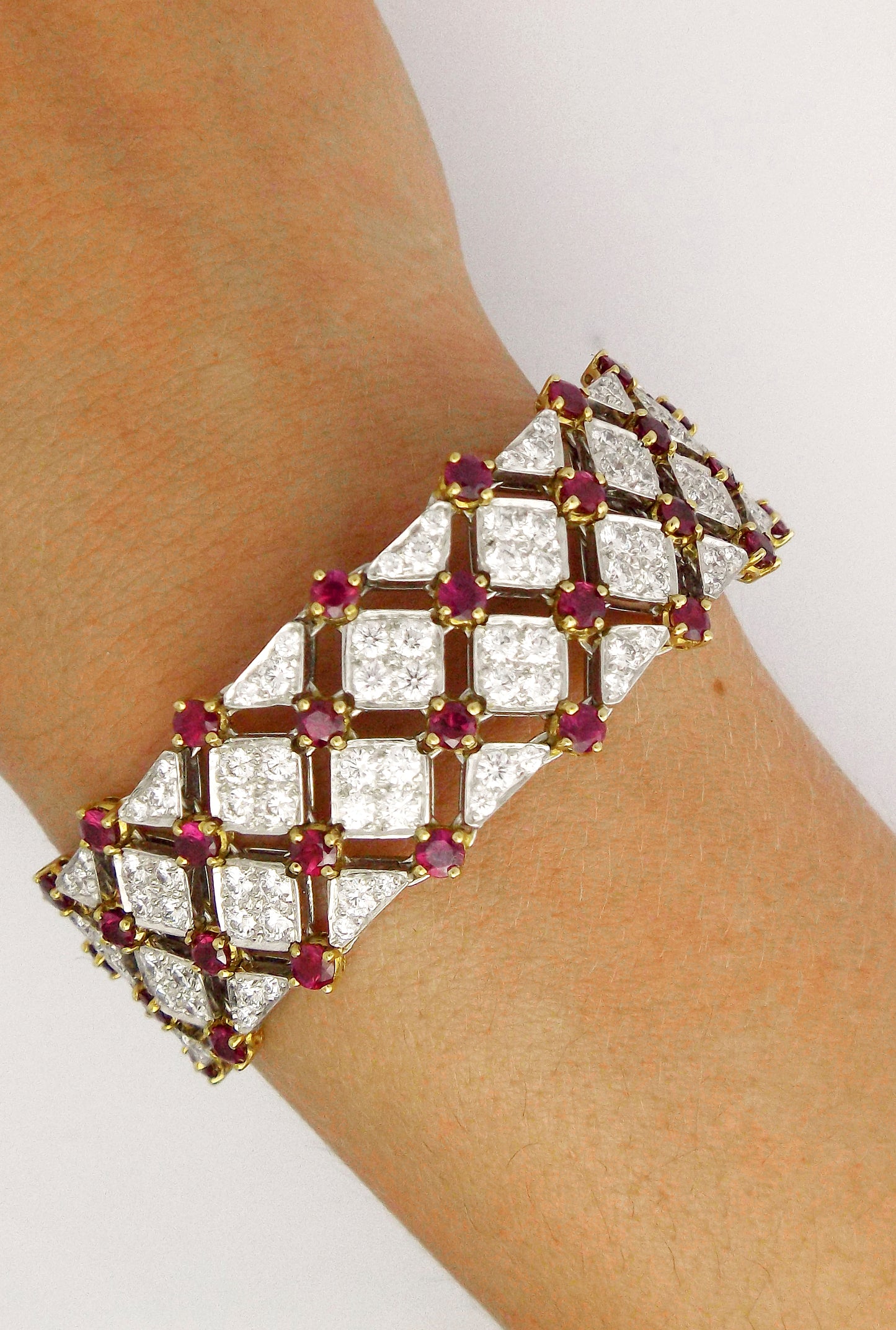 Tiffany & Co Trellis 18K Gold 9 Ruby Diamond 1980s Bracelet