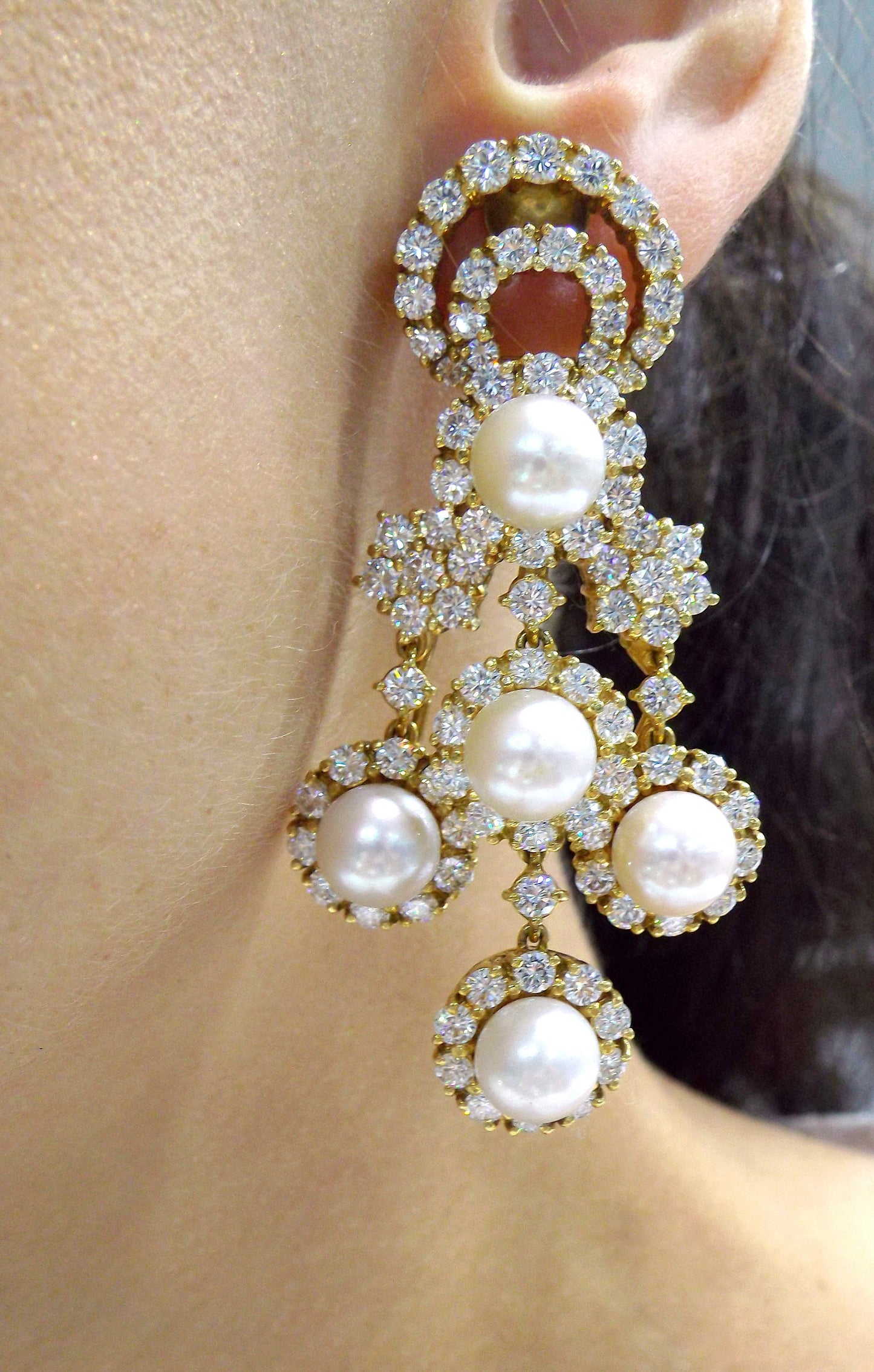 18K Gold Diamond Pearl Chandelier Earrings