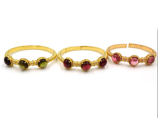 18K Rose Gold Pink Green Tourmaline 1ct Diamond Cabochon Italian Set of Bracelets