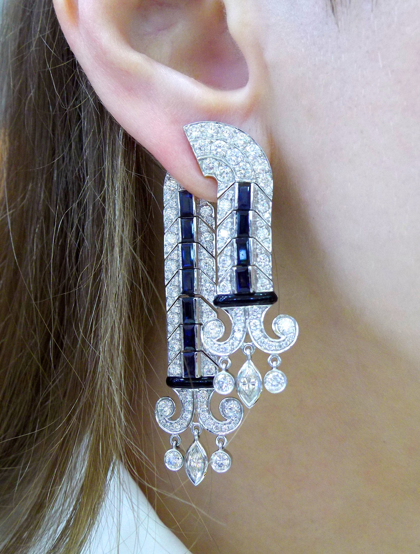 Pair of Sapphire, Diamond and Enamel Earrings