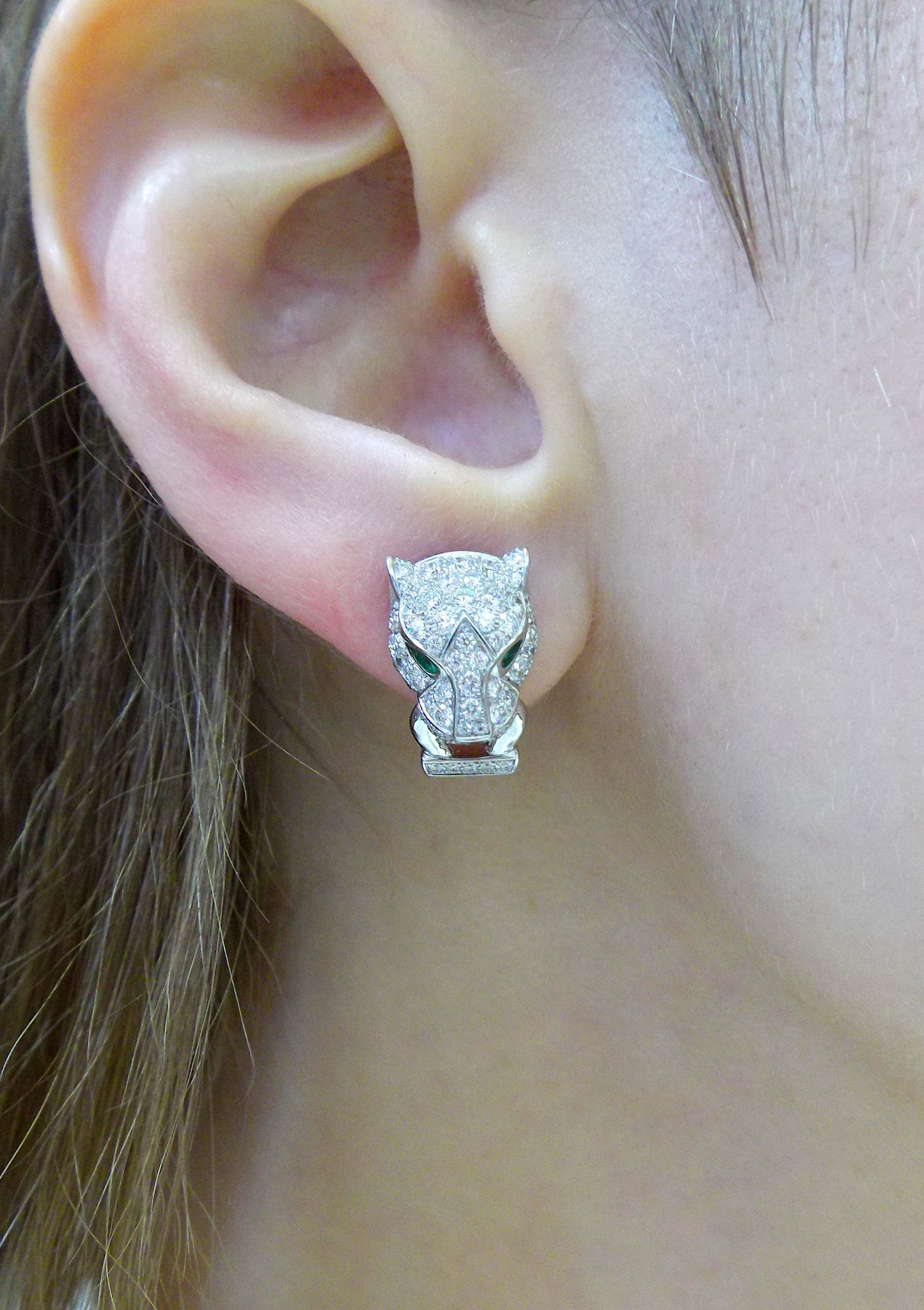 Cartier Pair of Diamond Emerald Onyx Earrings, 'Panthere'