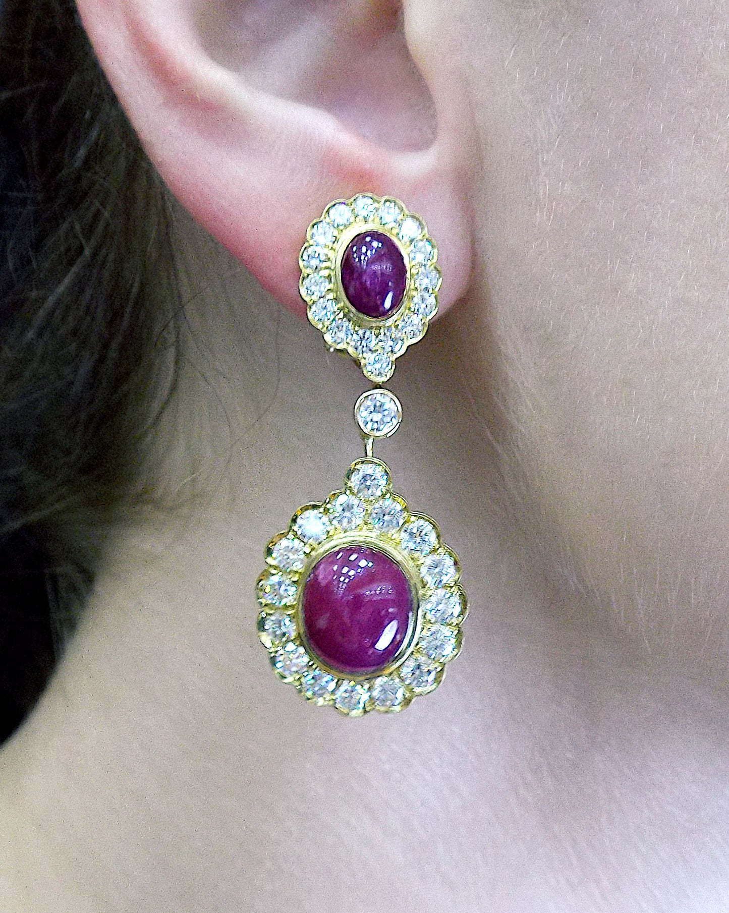 Gold Cabochon Ruby Diamond Earclips