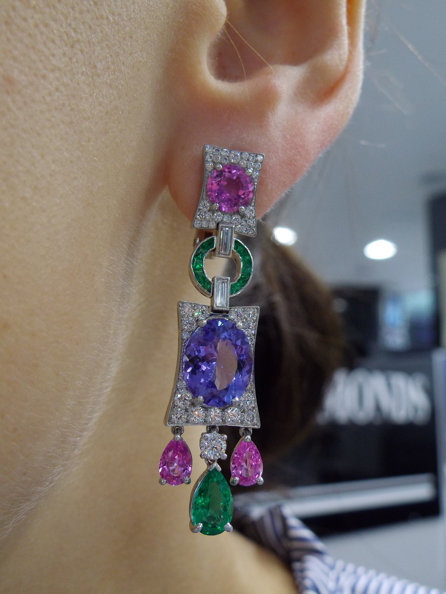 18K White Gold Diamond Emerald Tanzanite Pink Sapphire GIA Earrings Earclips
