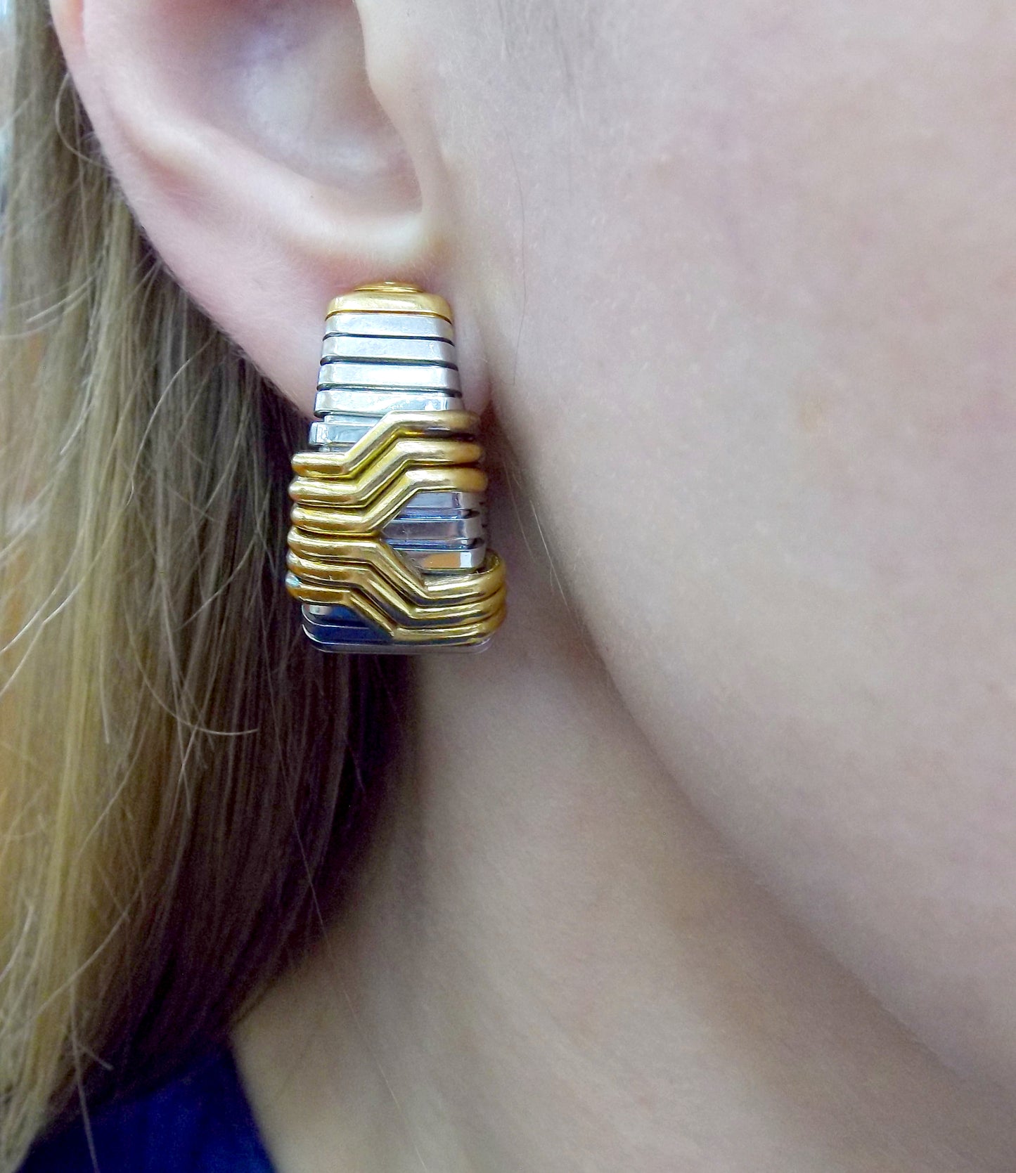 Bulgari Tubogas Steel and Gold Hoop Earrings
