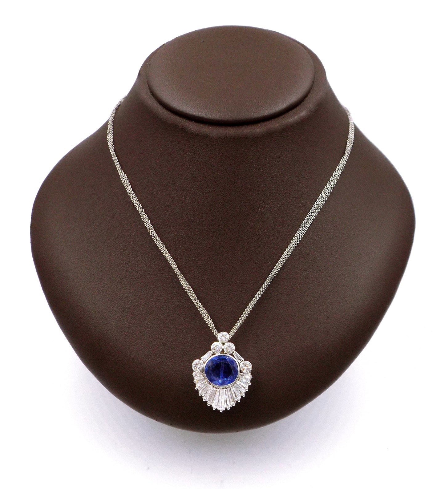 Sapphire Diamond 18K White Gold Pendant Brooch