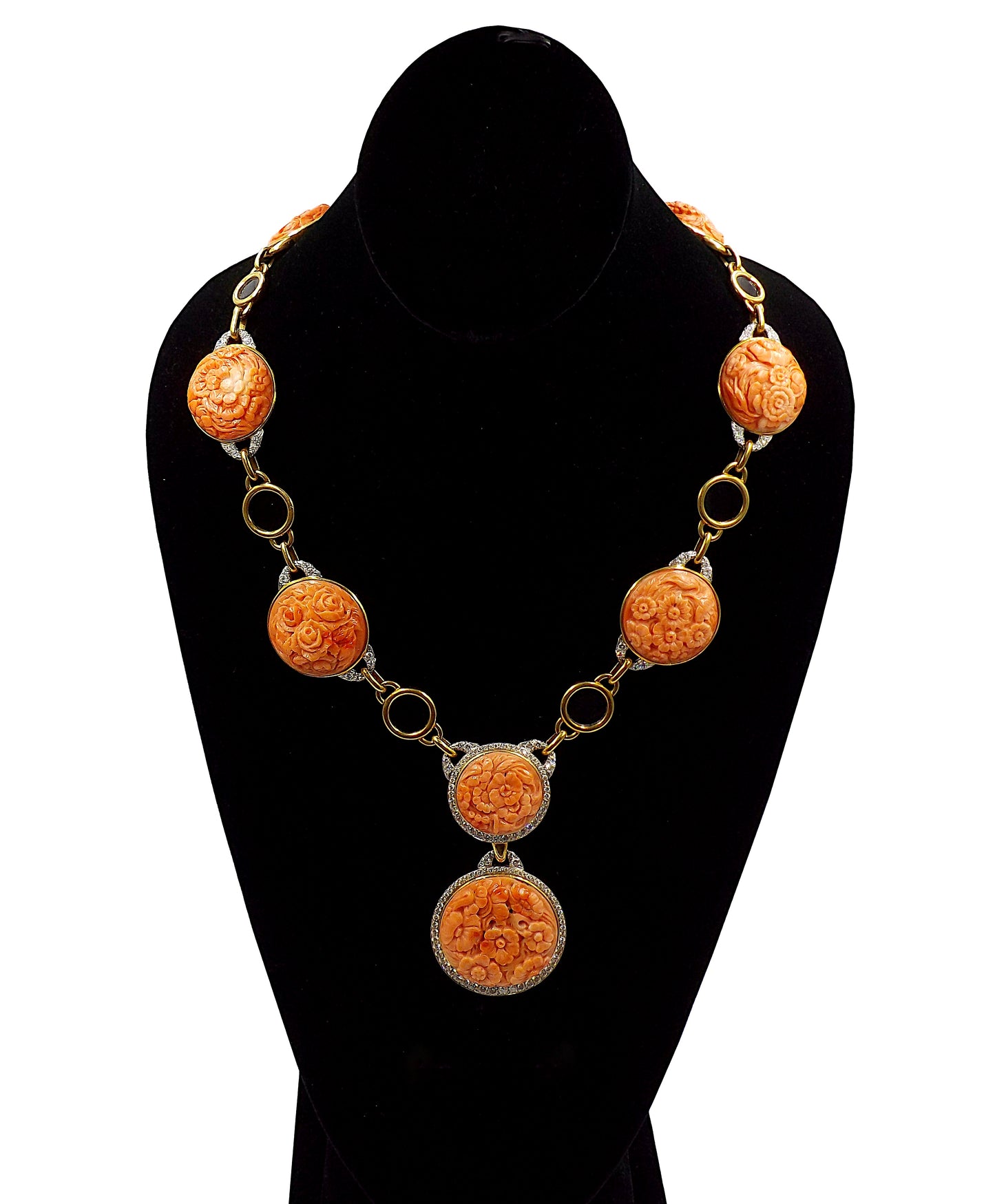 David Webb 18K Gold Carved Coral Onyx Diamond Necklace
