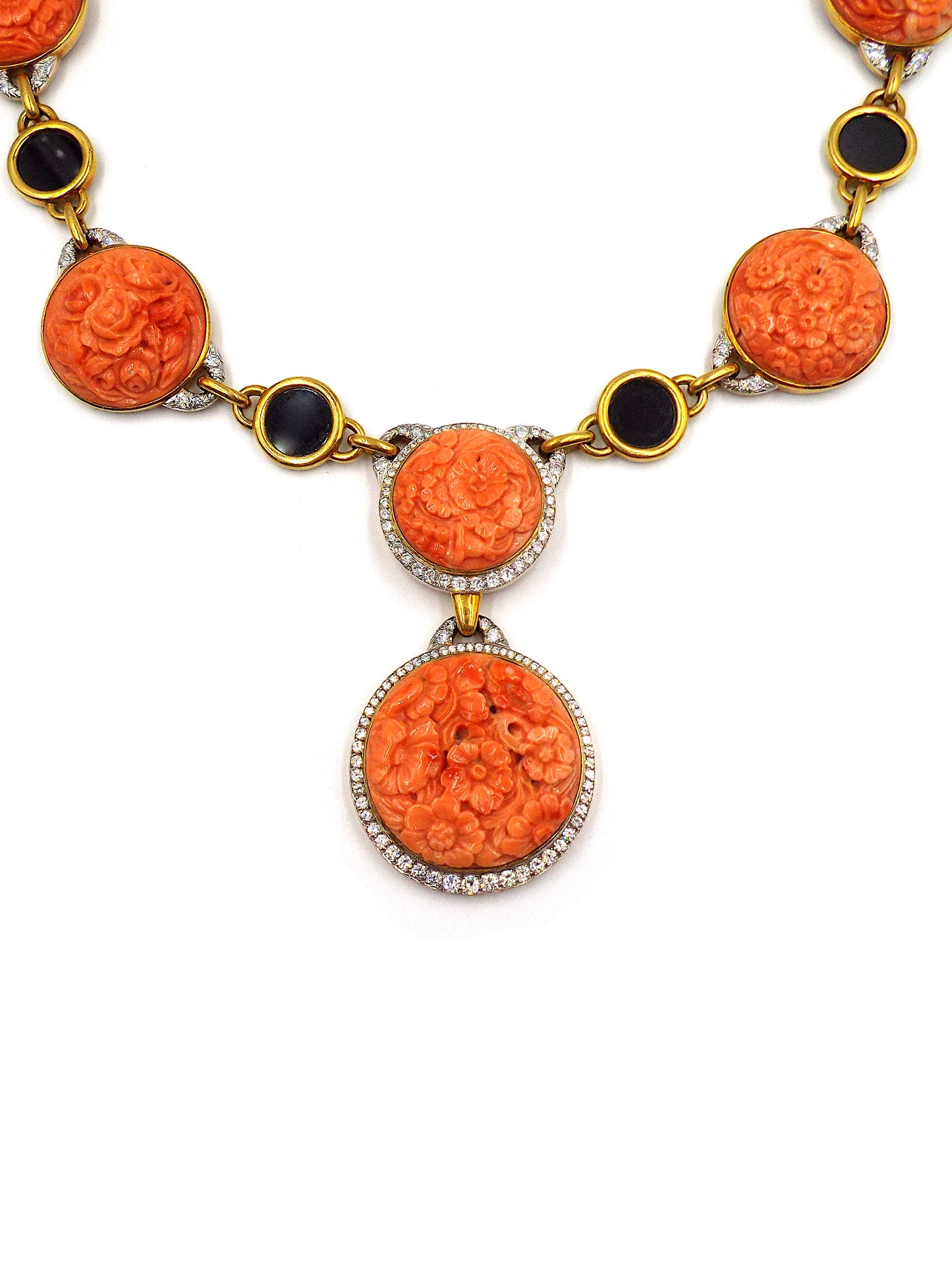 David Webb 18K Gold Carved Coral Onyx Diamond Necklace