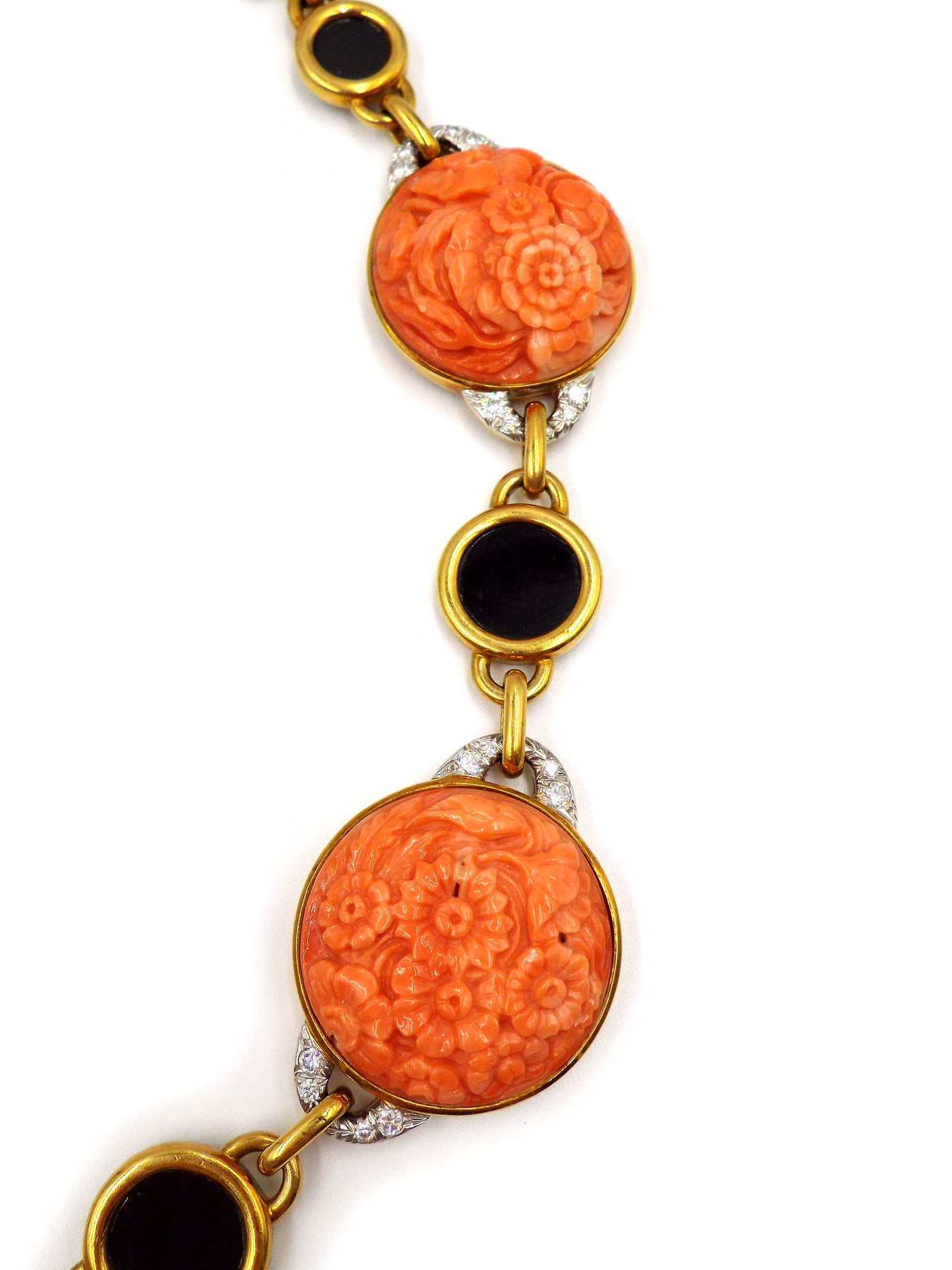 David Webb 18K Gold Carved Coral Onyx Diamond Necklace
