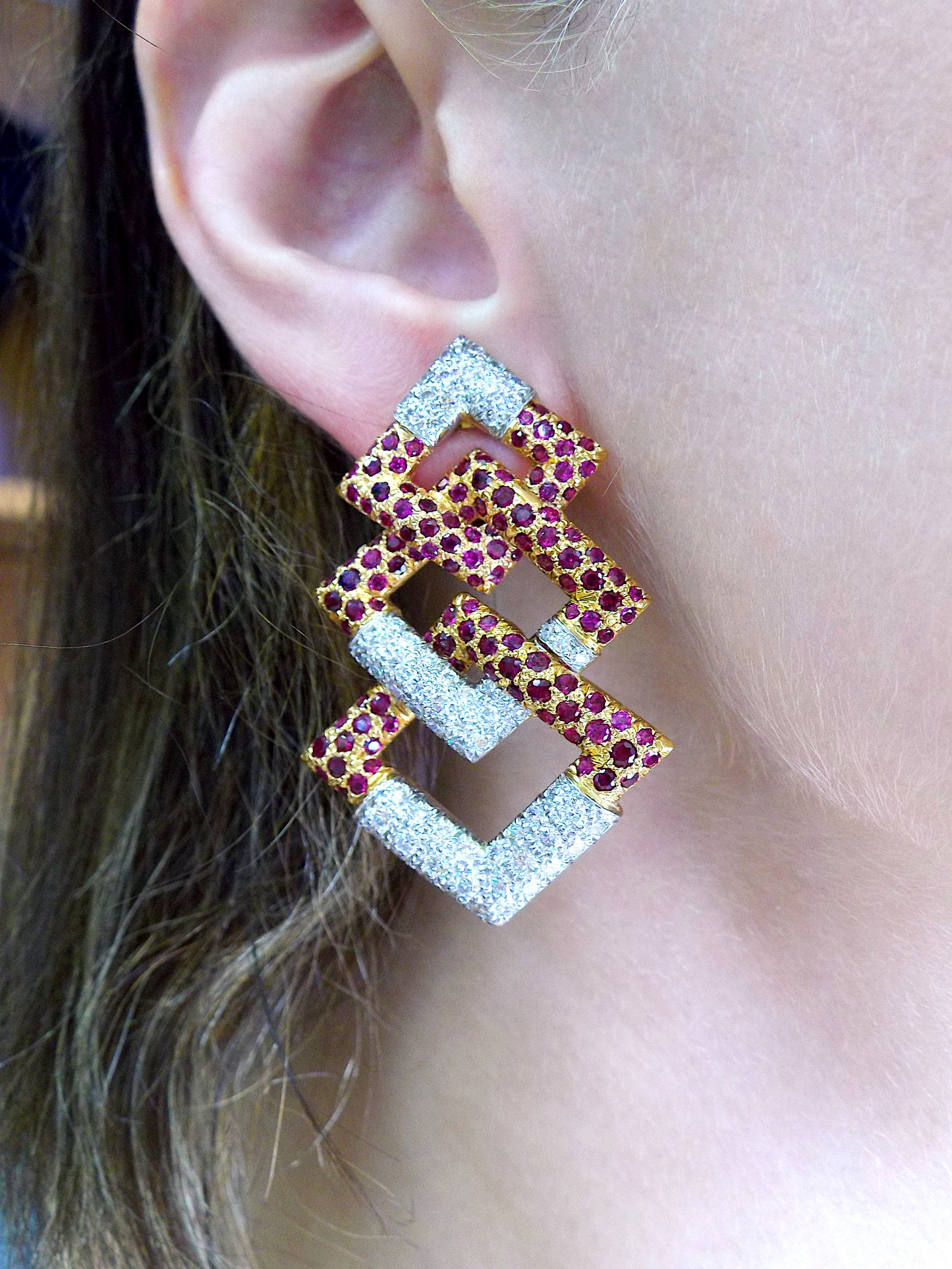 David Webb Diamond Ruby Rose Gold Platinum Earrings