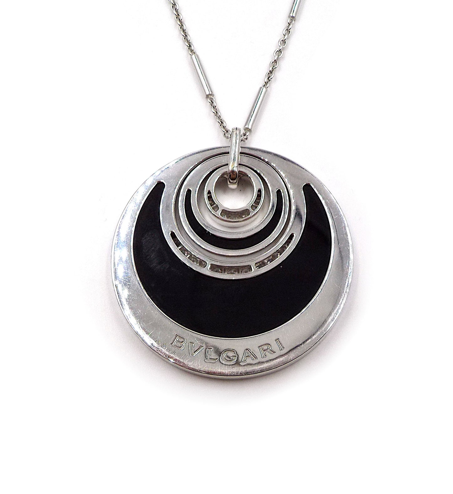 Bulgari Intarsio 18K White Gold Diamonds Onyx Pendant Necklace