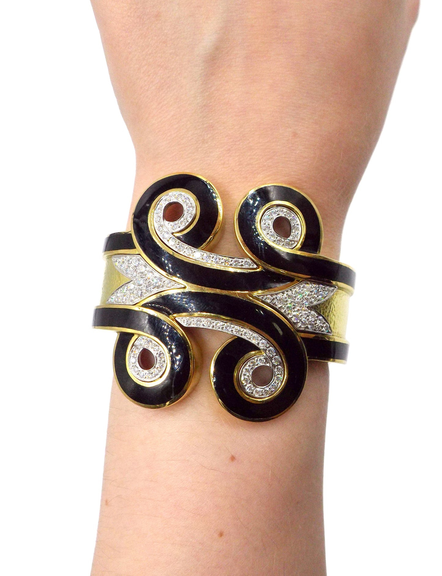 David Webb Arabesque 18K Gold Enamel Diamond Cuff Bracelet