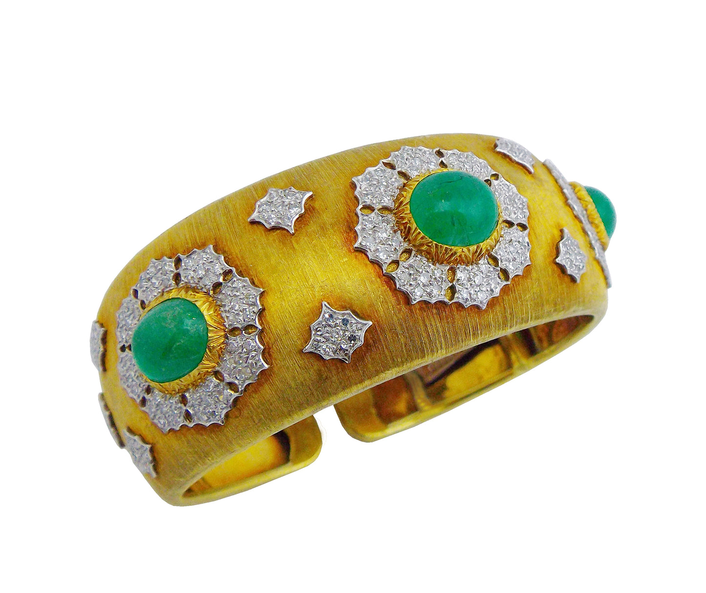 Buccellati 18K Yellow White Gold Emerald Diamond Cuff Bracelet