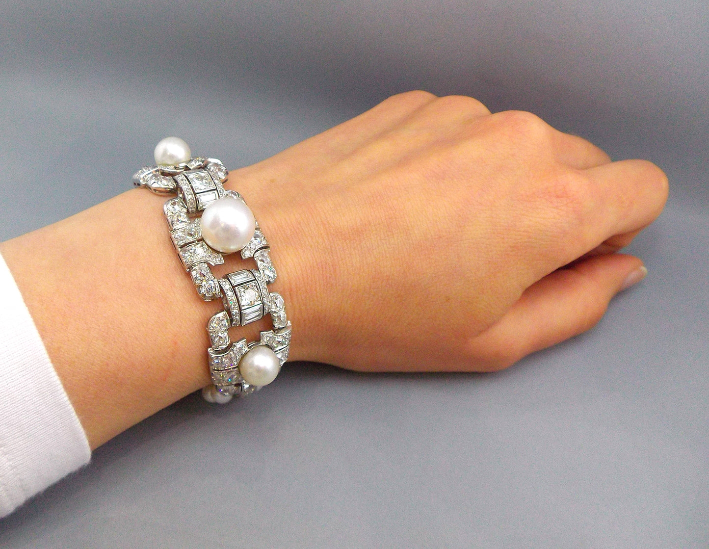 Platinum 18K Gold Cultured Pearl Diamond Bracelet